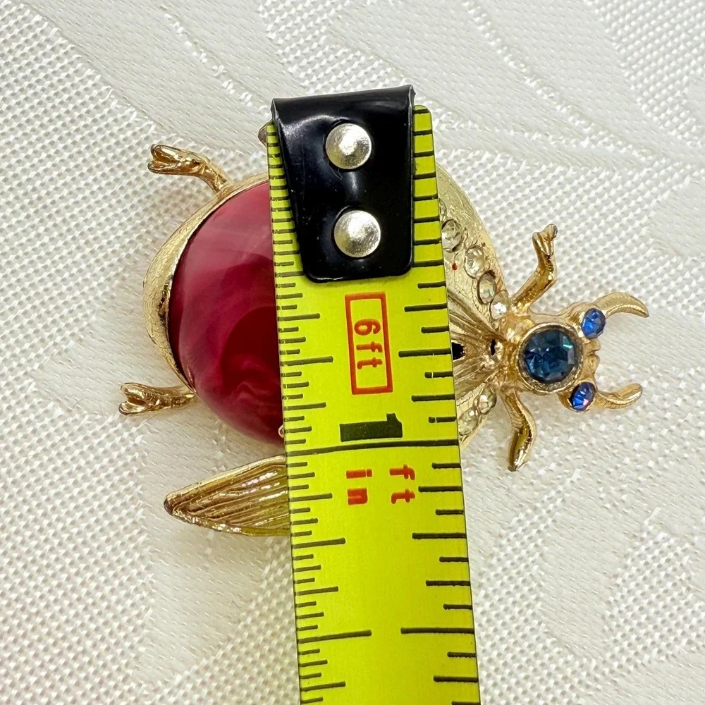 Vintage Insect Art Deco Style Brooch w/ Blue Rhinestone Eyes and Red Resin Belly